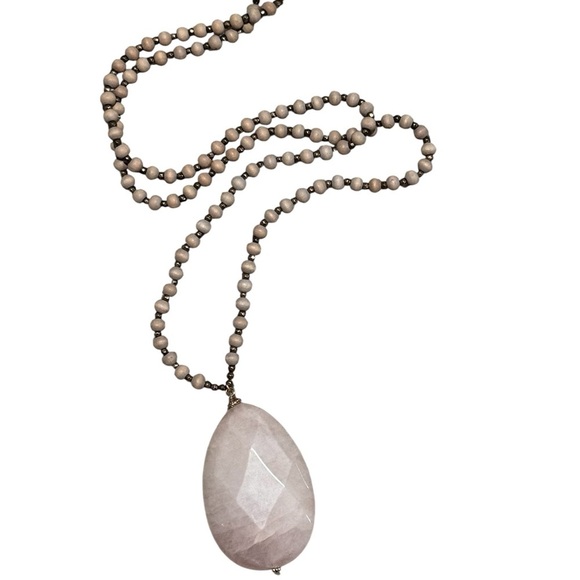 Jewelry - Natural Stone Pendant Necklace with Taupe Beaded Chain – Boho Neutral Statement